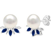 Sterling Silver Freshwater Cultured Pearl & Created Blue & White Sapphire Earrings