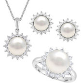 Sterling Silver Freshwater Cultured Pearl and Lab Created White Sapphire 3 pc. Set