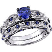 Sofia B. 10K Gold Created Blue Sapphire and 1/10 CTW Diamond Vintage Bridal Set