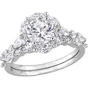 10K White Gold Created White Sapphire and Diamond Halo Floral Bridal Ring Set