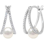 Sterling Silver Freshwater Cultured Pearl and Diamond Split Hoop Earrings