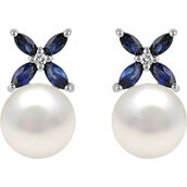 Sterling Silver Freshwater Cultured Pearl Created Blue and White Sapphire Earrings