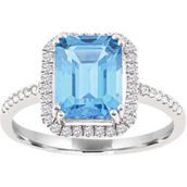 10K White Gold Emerald Cut Swiss Blue Topaz and Genuine White Zircon Halo Ring