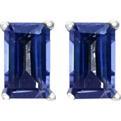 14K White Gold Emerald Cut Blue Sapphire Stud Earrings