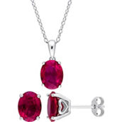 Sofia B. Oval Created Ruby Solitaire Sterling Silver Necklace and Earrings Set