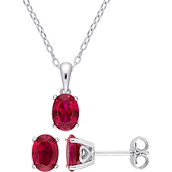 Sofia. Oval Created Ruby Solitaire Sterling Silver Necklace and Earrings Set