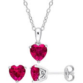 Sofia B. Sterling Silver Heart Created Ruby Solitaire Necklace and Earrings