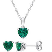 Sofia B. Sterling Silver Heart Created Emerald Solitaire Necklace and Earrings Set