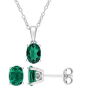 Sofia B. Sterling Silver Oval Created Emerald Solitaire Necklace and Earrings  Set