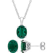 Sofia B. Sterling Silver Oval Created Emerald Solitaire Necklace and Earrings Set