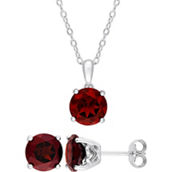 Sofia B. Sterling Silver and Garnet Solitaire Necklace and Stud Earrings 2 pc. Set