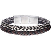 Inox Men's Multi Strand Leather and Stainless Steel Foxtail Chain Stacking Bracelet