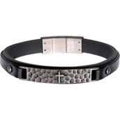 Inox Black Leather Cross Hammered ID Bracelet