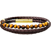 Inox Double Wrap Brown Leather 8.25 in. Bracelet with Tiger's Eye Beads