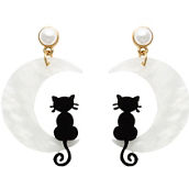 Halloween French Wire Earrings Pearl Moon with Black Cat