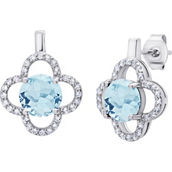 Sterling Silver Round Cut Aquamarine Clover Stud Earrings with White Topaz Accents
