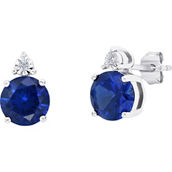 Sterling Silver Round Cut Created Blue Sapphire Stud Earrings with Diamond Accent