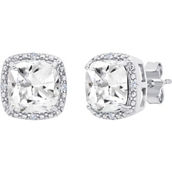 Sterling Silver Cushion Cut Created White Sapphire and Diamond Halo Stud Earrings