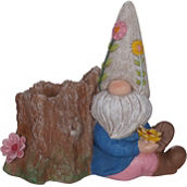 Sinomart 6.5 in. Resin Wood Looked Gnome with Tree Bark Planter and Sculpted Flower