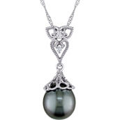 Sofia B. 14K White Gold 9-9.5mm Cultured Tahitian Pearl Diamond Vintage Necklace