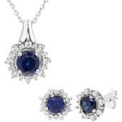 Sterling Silver Lab Created Blue and White Sapphire Pendant and Stud Earrings Set