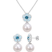 Sofia B. Cultured Freshwater Pearl Blue Topaz Flower Necklace & Earrings 2 pc. Set