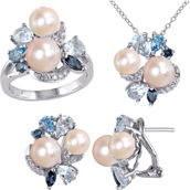 Sofia B. Freshwater Pearl Blue Topaz Cluster Necklace Earrings & Ring 3 pc. Set