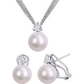 Sofia B. Freshwater Pearl White Topaz Earrings & Triple Strand Necklace 2 pc. Set