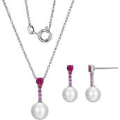 Ruby, Pink Sapphire and Pearl Necklace and Earring Set