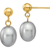 14K Yellow Gold 7-8mm Gray Rice Freshwater Cultured Pearl Dangle Post Earrings