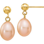 14K Yellow Gold 7-8mm Pink Rice Freshwater Cultured Pearl Dangle Post Earrings