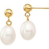 14K Yellow Gold 7-8mm White Rice Freshwater Cultured Pearl Dangle Post Earrings