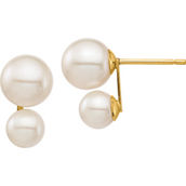 14K Yellow Gold White Round Freshwater Cultured Double Pearl Post Earrings