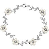Sterling Silver Freshwater Cultured Pearl and Cubic Zirconia 7 in. Floral Bracelet