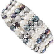 6-7mm Button Freshwater Cultured Pearl and Glass Beaded 3 Row Stretch Bracelet