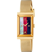 Gucci Women's G-Frame Red/Blue Dial Yellow Gold PDV Mesh Bracelet Watch YA147410