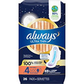 Always Ultra Thin Overnight Pads with Flexi-Wings, Size 4, Unscented, 26 ct.