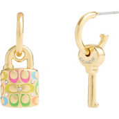 Coach Multi Signature Rainbow Quilted Lock and Key Charm Huggie Earrings