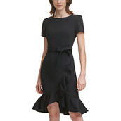 Calvin Klein Short Sleeve Tie Front Ruffle Hem Fit and Flare Dress