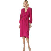 Connected Apparel Long Sleeve Faux Wrap Tie Front Dress