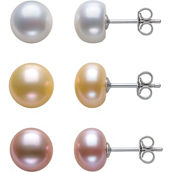 China Pearl Silver 8-9mm Multicolor Freshwater Pearl 3 Pair Stud Earring Set