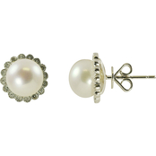 Sterling Silver 8-5mm Cultured Freshwater Pearl Flower Earrings with Diamond Accents