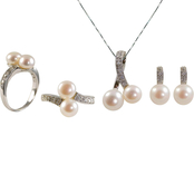 Sterling Silver Cultured Freshwater Pearl Set with Diamond Accents