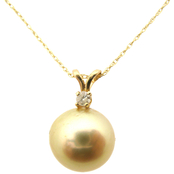 14K Yellow Gold Golden South Sea Pearl Pendant with Diamond Accent