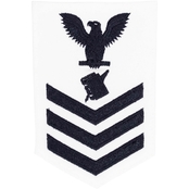 NAVY RATE BADGE E-6 PERSONNELMAN BLUE ON WHITE CERTIFIED NAVY TWILL FEMALE