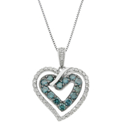 Sterling Silver 2/3 CTW Blue and White Diamond Heart Pendant