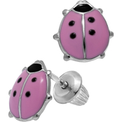 Kids Sterling Silver Pink and Black Epoxy Ladybug Earrings