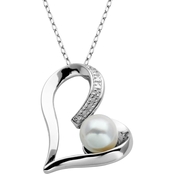 Rhodium over Sterling Silver Pearl and Lab Created White Corundum Heart Pendant