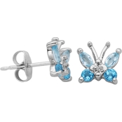 Rhodium over Sterling Silver Genuine Sky Blue and Swiss Blue Topaz Stud Earrings