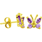 14K Gold Over Silver Genuine Amethyst and Diamond Accent Butterfly Stud Earrings
